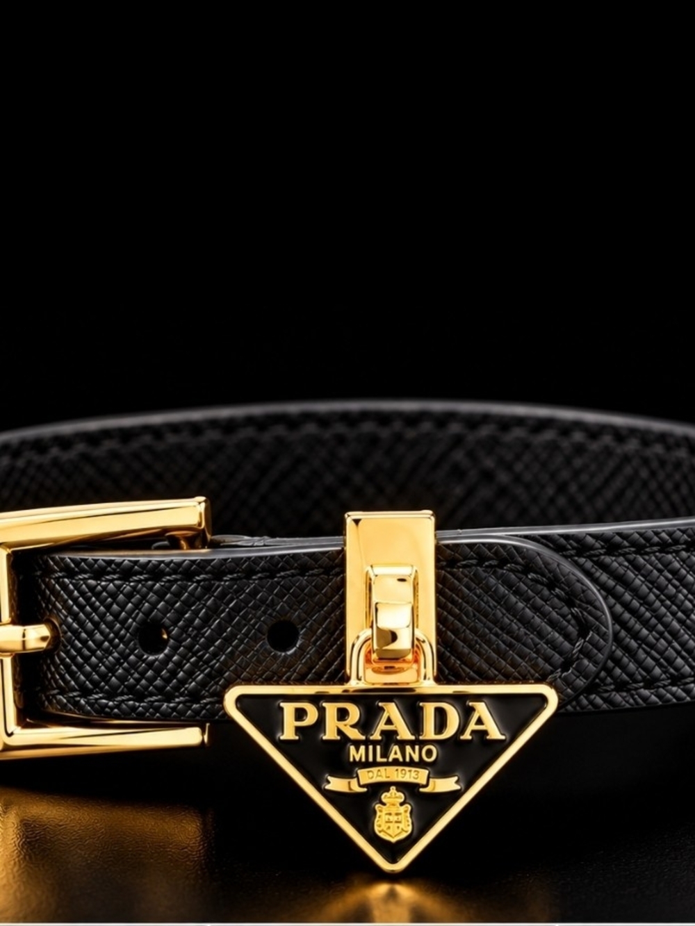 Prada Black Saffiano Leather Bracelet with Gold Triangle Logo